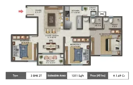 3 BHK 2T 1,311 sq. ft. · 2 toilets floor plan