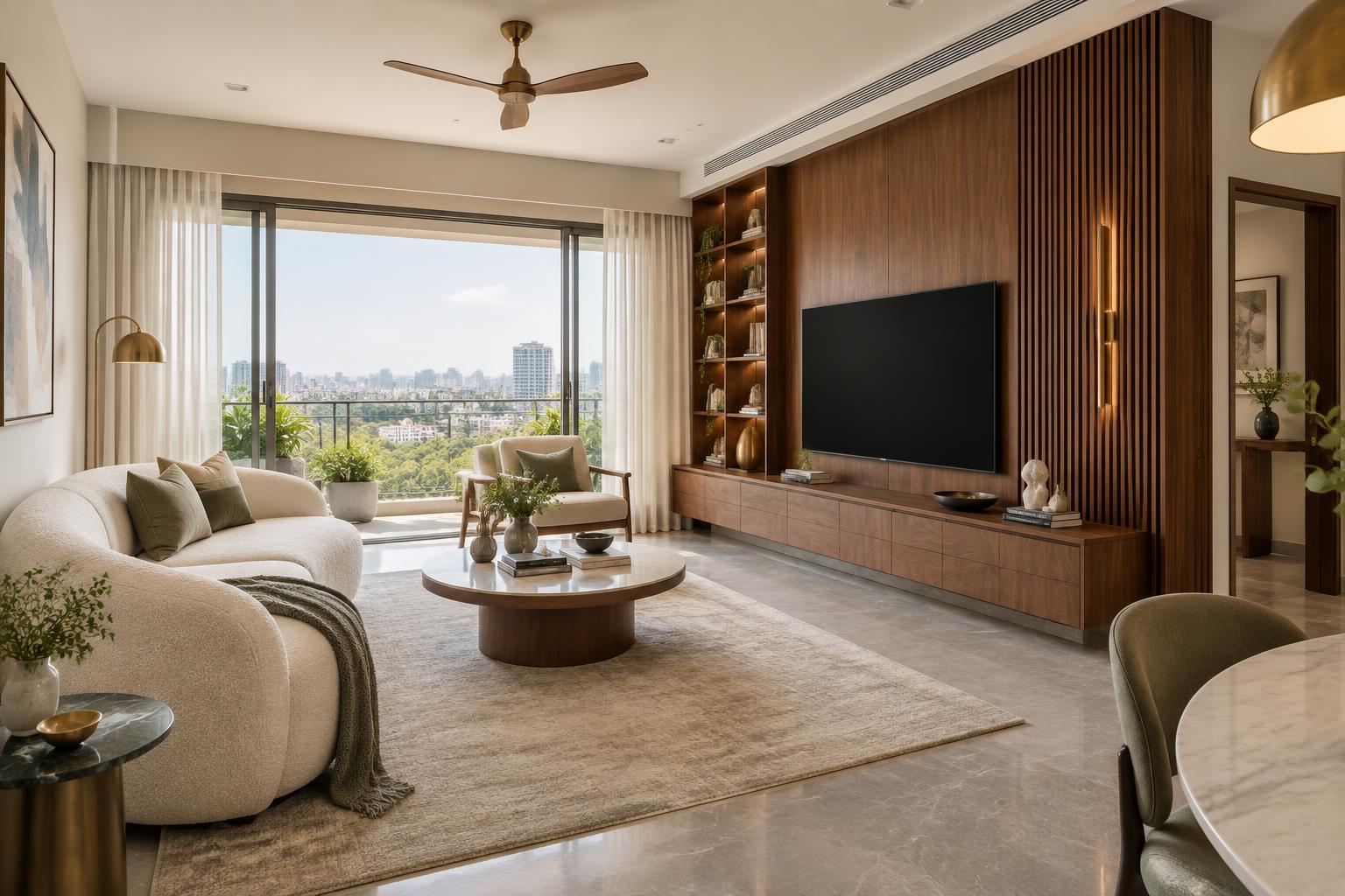 Contemporary apartment living room with warm wood detailing and a balcony